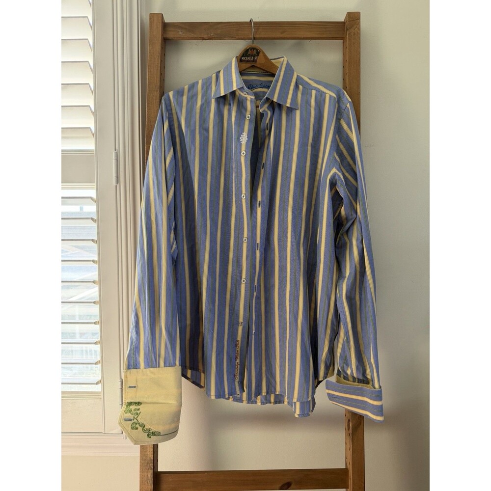 Robert Graham Blue Yellow Striped Flip Cuff Button Shirt LS Pastel Easter Large